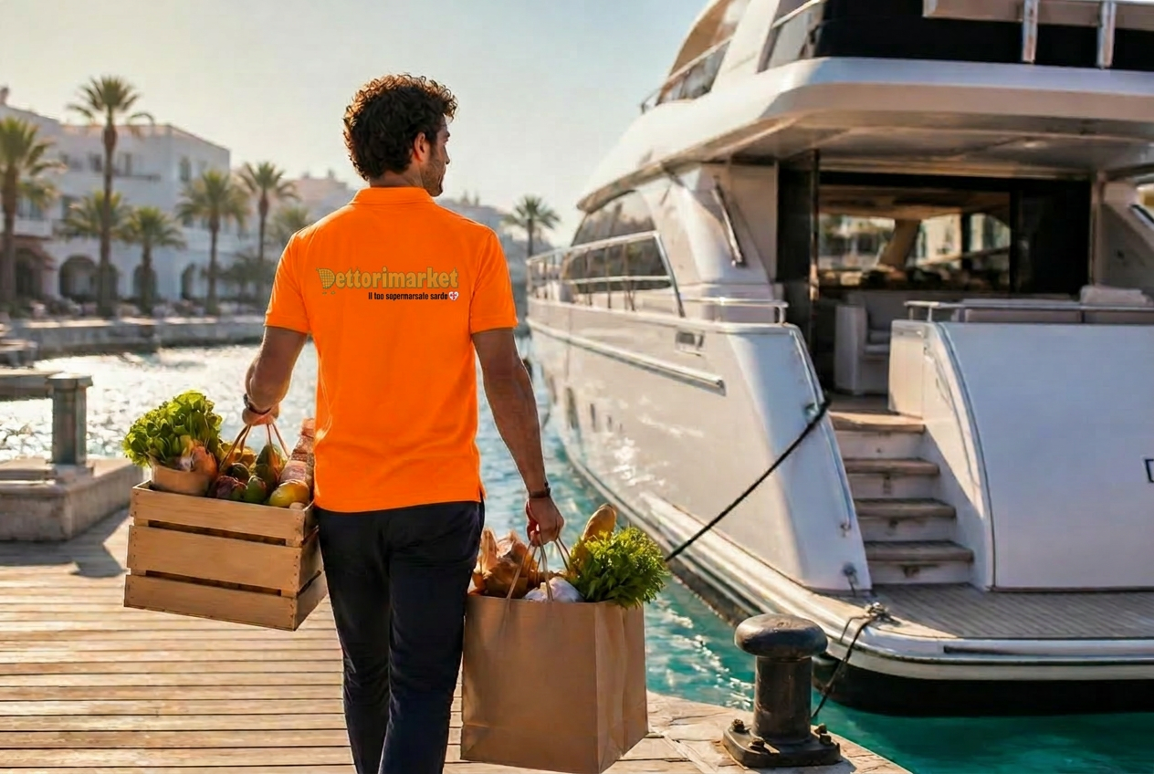 Addetto Dettori Market consegna spesa a bordo di una barca ormeggiata